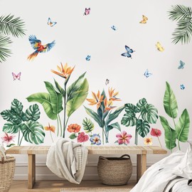 SHUCHING Tropical Leaves Flower Wall Sticker Peel and Stick, Green Plant Birds Palm Leaves Wall Decal, Removable Vinyl Wall Decor Art Home Decoration for Living Room Bedroom