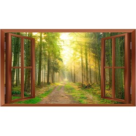 Forest Wall Stickers 3D Fake Window Wall Stickers Removable Scenery View Window Decals Landscape Wall Stickers Murals Peel and Stick Nature Wall Stickers for Living Room Bedroom Decor