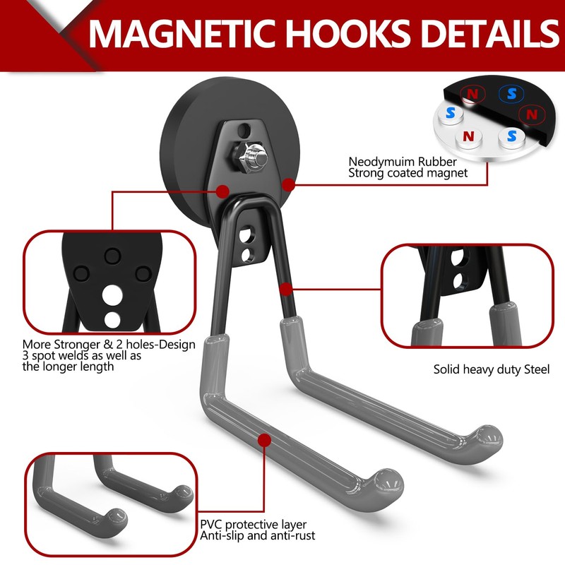 3-H Heavy Duty Magnet Garage Hooks 2 Pack, Extra Large