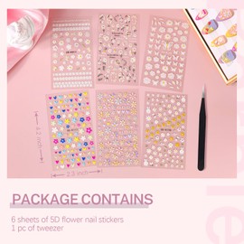 6 Sheets 5D Flower Nail Art Stickers with Tweezer Embossed Colorful Daisy Butterfly Nail Decals Pegatinas Uñas Self Adhesive Lace Floral 3D Nail Accessories for Women Girls Manicure Decoration