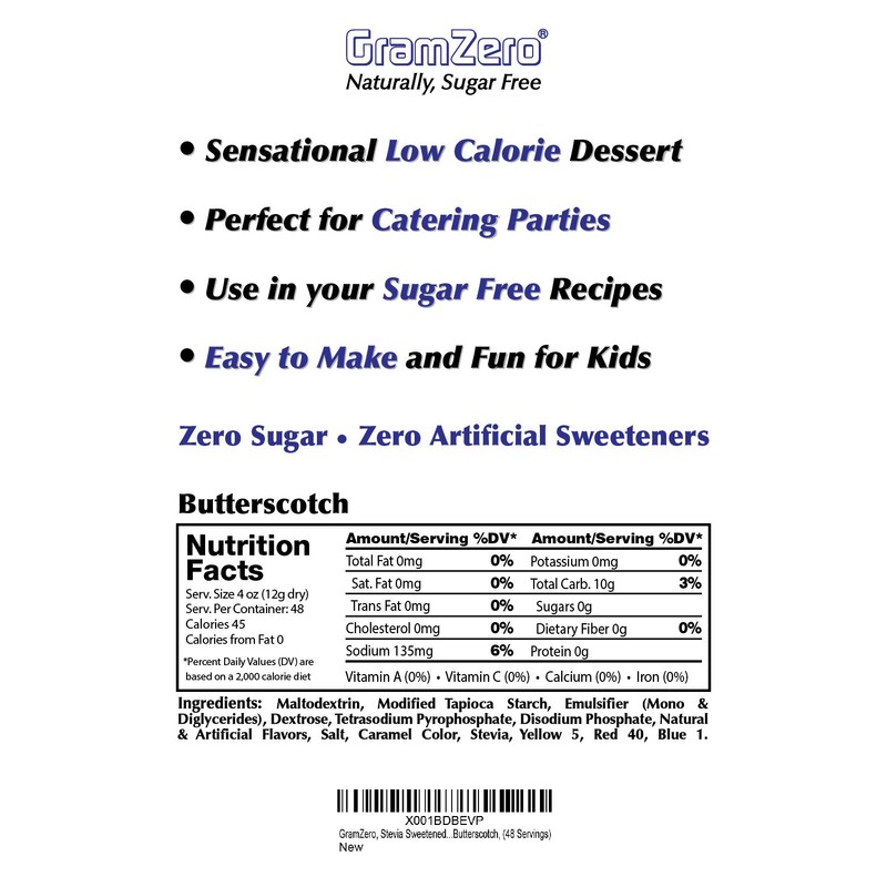 GramZero Butterscotch Sugar Free Pudding Mix 6-Pack, Great For Nutrition