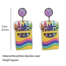 Zhang shine Lightweight Wood Reading Earrings, Cute Funny Whimsy Color Crayon for Teachers Student, Love Learn Love Read Earrings for Women