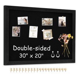 AMUSIGHT Double-Sided Black Cork Board with Linen, 30" x 20" Hanging Wood Framed Large Bulletin Board, Picture Display Vision Board Kit Corkboards for Wall Room School Office Decor, 20 Pushpins