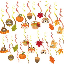 24PCS Fall Pumpkin Birthday Hanging Swirls Decorations, Thanksgiving Autumn Themed Birthday Hanging Ceiling Streamers, Jungle Safari Animal Acorns Pumpkin Maple Leaves Fall Harvest Decor Supplies