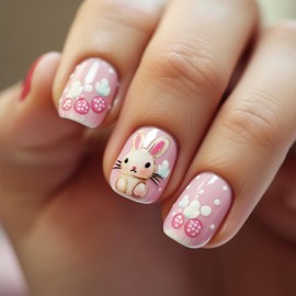 Cute Bunny Press on Nails Easter Fake Nails Short Square Acrylic Nails Glossy False Nails with Designs Glossy Stick on Nails Full Cover Rabbit Acrylic Nails Short Glue on Nails for Women 24Pcs