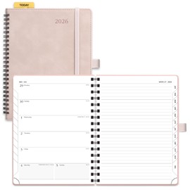 POPRUN 2026 Diary A5 Week to View Spiral Bound PU Leather Soft Cover 22 x 16.5 cm Appointment Work Book - 26 Weekly Planner & Notebook in One, Monthly Tab (Soft Pink）