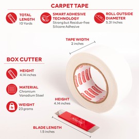 XFasten 2” X 10yd Carpet Tape for Area Rugs Over Carpet with 1 Box Cutter Opener, Double Sided Rug Tape Gripper for Laminate Flooring, Residue-Free Area Rug Tape for Carpet + Heavy-Duty Utility Knife