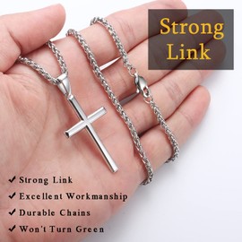 Kakonia 925 Sterling Silver Cross Pendant Necklace for Men Women with 3MM Stainless Steel Wheat Chain, Beveled Edge Crucifix, 16-28 Inches
