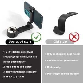 Juome 2 in 1 Car Headrest Hidden Hook, 2 Pack Car Back Seat Headrest Hooks with Phone Holder for Purses and Bags, Vehicle Headrest Storage Organizer Hanger