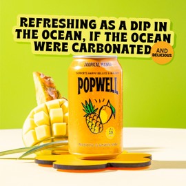 Popwell Tropical Mango Better-For-You Prebiotic Soda, with 6g Fiber, 1g Sugar, Vitamins and Immunity Support, 12 fl oz Cans (pack of 12)