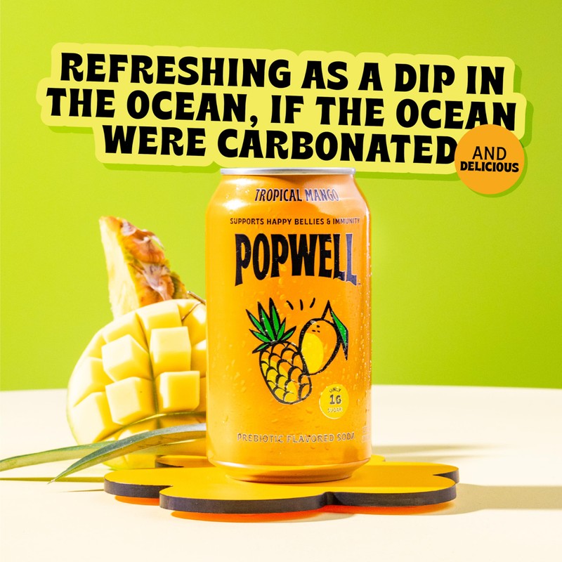 Popwell Tropical Mango Better-For-You Prebiotic Soda, with 6g Fiber, 1g