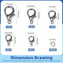 Glarks 170Pcs Gun Black Lobster Claw Clasp with Open Jump Rings Kit 10mm 12mm 14mm 16mm 18mm Necklace Clasps for Bracelet Necklace Jewelry Making