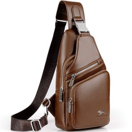 QXuan Men's Sling Bag Vintage Genuine Leather Backpack Purse Anti-theft with USB Charging Port and Headphone Hole,Small Chest Shoulder Bags Daypack for Outdoor Casual Sport Travel (Brown 2)