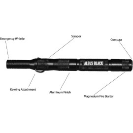 Albus Black Magnesium Firestarter with Scraper, Compass, Whistle, Waterproof