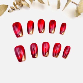 Generic Press on Nails Fake Nails Acrylic Red With Design Medium Length Handmade Painted By Artist For 3d Effect Pink Cat's Eye Glitter Nail Kit with Nail Glue for Women and Girls 10pcs-Medium