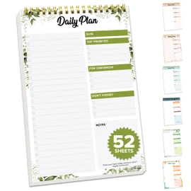 Decorably Daily Planner Pad Minimalist - Daily To Do List Planner, 52 Easy Tear-Off Sheets To Do Daily Planner Notepad, 6.5x10in Spring-Bound Daily To Do List Notepad, Undated Daily To Do Notepad