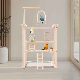 3 Tiers Wooden Parrots Rack Bird Playing Stand Freestanding Pet Parrot Rack