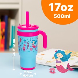 VINUR 17 oz Stainless Steel Double Wall Vacuum Insulated Tumbler with Handle-Kids Leak Proof Tumbler Cup with Lid and Straw (Mermaid)