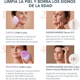 FOREO Set Glow & Clean – Cepillo facial LUNA 4 plus Sensitive + SÉRUM SUPERCHARGED 2.0 30 ml + Mascarilla hidratante de noche 75 ml – Tecnología de luz avanzada
