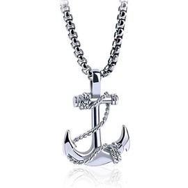 MayiaHey Silver Sea Anchor Cross Pendant, Marine Sailor Anchor Necklace for Men, Pirate Marine Anchor Necklace, Punk Sea Anchor Jewellery, Sea Anchor Amulet Pendant Necklace for Boys, Stainless Steel