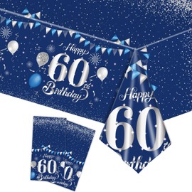 Tablecloth 60th Birthday Men Women, Pack of 2 Paper Tablecloth Roll Navy Blue Silver Disposable Tablecloths Party Tablecloths 60th Birthday Decoration Tablecloths for Adults 60th Birthday Table