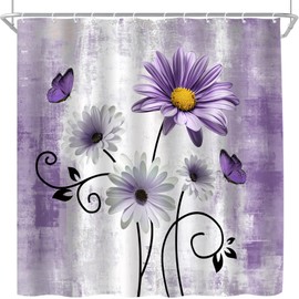 UPUMKSK Purple Daisy Shower Curtain Floral Butterfly, 70" W x 70" H