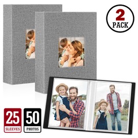 Lanpn Photo Albums 7x5 Pockets, Linen Slip in Top Loading Photo Album Holds 50 Portrait 13x18cm Pictures (Grey, 2 Packs)