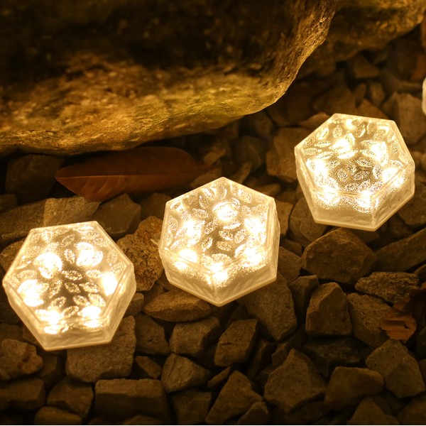 JHBOX LED Hexagon Lights Solar Garden Lights 3 Pack, Pavers for Outside Garden Bricks, Decorative Outdoor Pavers for Garden Walkway, Pathway, Steps, Sidewalk, Lawn, Wall (Warm Whiting Lighting)