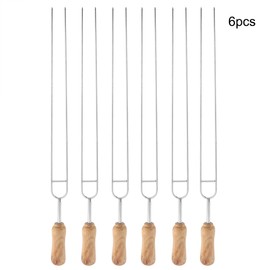 Stainless Steel Fork Wood Handle U shaped BBQ Roast Needle Skewers Forks