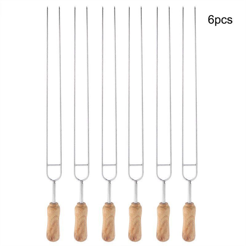 Stainless Steel Fork Wood Handle U shaped BBQ Roast Needle