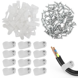 Pack of 100 Cable Clamps R Type, Nylon Cable Clamps 3/8 Inch, Cable Clips White 10.4 mm Screw Mounting, Wire Management Cable Clips Organiser with Screws