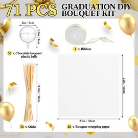 Funnymoom 71 Pcs DIY Chocolate Flower Bouquet Kit Graduation 2025 Candy Rose Clear Acrylic Lollipop Ball Holder Mother's Day Flower Wrapping Paper Ribbon Accessories Birthday Gift(White)