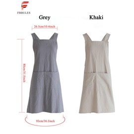 FBBULES Kitchen Apron with Pocket Cotton and Linen Apron Japanese Style Cross Bandage Plain Cooking Baking Apron Gardening for Women Men, Grey