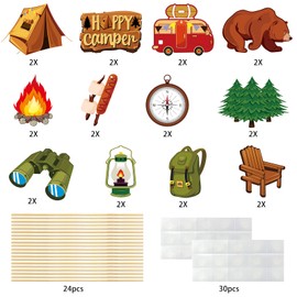 Camping Party Decorations Centerpiece Sticks, 24pcs Camp Theme Table Topper Party Supplies, Happy Camper Birthday Adventure Baby Shower Sign Decor