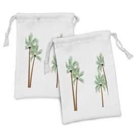 Ambesonne Aloha Fabric Pouch Set of 2, Setting Formed of Tall Palm Trees with Coconuts Island Foods Exotic Botany, Small Drawstring Bag for Toiletries Masks and Favors, 9" x 6", White Green Ginger