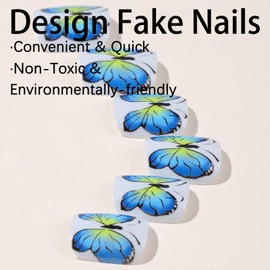 Press on Toenails Short Square Fake Nails Blue Butterfly Designs False Nails Solid Color Acrylic Nails Summer Full Cover Glue on Toe Nails for Women 24Pcs