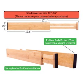 Durawe Company Adjustable Bamboo Drawer Dividers Organizers Expandable (12-16") Kitchen Drawer Organizer Spring Loaded for Kitchen, Dresser, Bathroom, Bedroom, Desk 6-pack Small