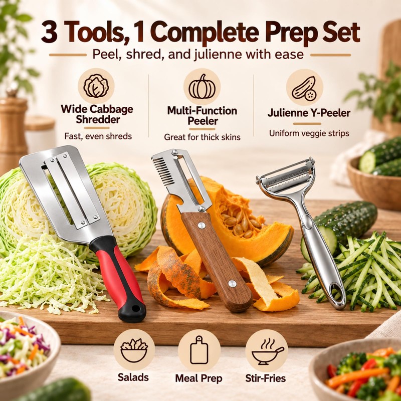 3-Piece Vegetable Peeler Set with Cabbage Shredder and Julienne Y-Peeler