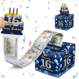 MORAINJAY 16th Birthday Money Box, Navy Blue Pull Cash Case, Surprise Money Gift Box for Boys and Girls