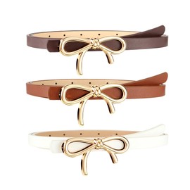 Ayliss 3 Pack Gold Bow Skinny Belt Womens Leather Belt Thin PU Leather Waist Belts Fashion Dress Belt For Jeans Pants (White+Khaki+Coffee)