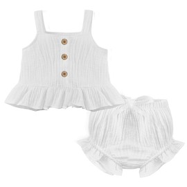 oweve Baby Girls' Sleeveless Top and Diaper Cover Set，2-Piece Toddler Tank Short Sets, White