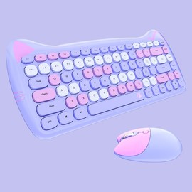 Cute Cat Keyboard and Mouse Combo, 2.4G Wireless Keyboard and Mouse Set, Compatible with Notebook, PC,Laptop,Tablet,Computer Windows(Multicolor Purple)