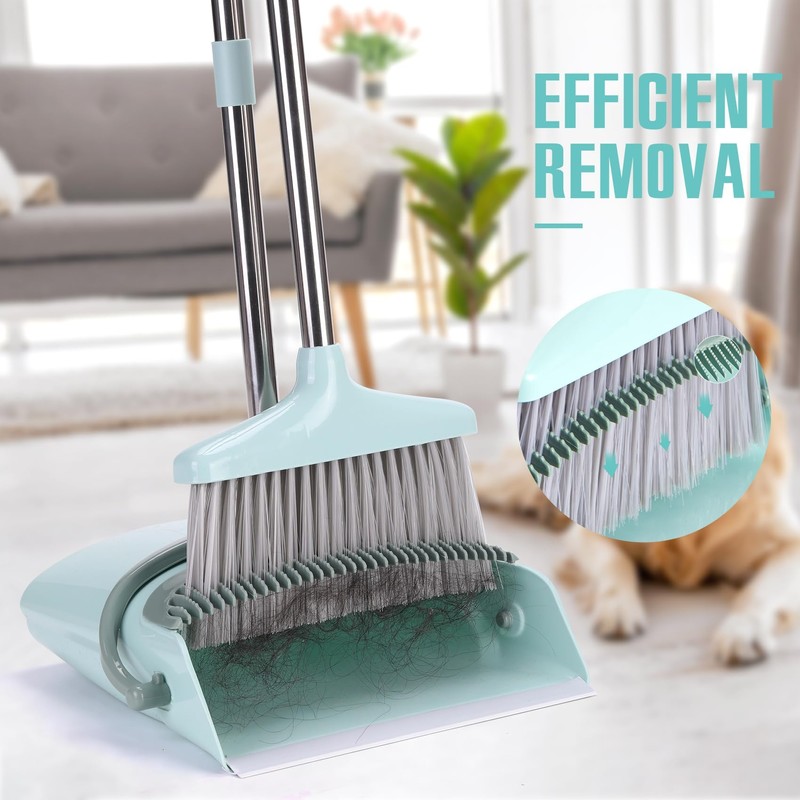 XXXFLOWER Broom and Dustpan Set with Cleaning Teeth, 55" Long