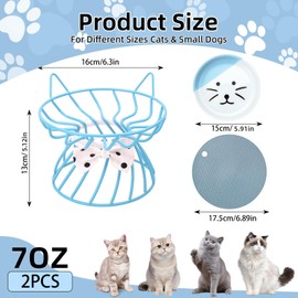 2PCS Ceramic Shallow Cat Food Dishes with Non-Slip Mat, Elevated Cat Food Bowl with Raised Metal Stand, Protects Cat’s Spine, Cat and Small Dog Bowl, Whisker Fatigue Cat Food Plate, Dishwasher Safe