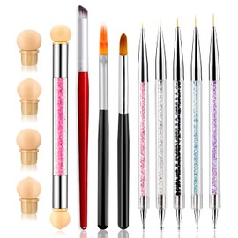 DANNEASY 9 Pieces Acrylic Nail Brush Nail Ombre Brush Double Ended Nail Liner Brush Dotting Pen Nail Art Point Drill Drawing Tools Nail Sponge Pen, 4Pcs Replaceable Sponge Head
