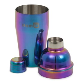 Homiu, Qualitatives Edelstahl Cocktail – Shaker Set (550ml) mit Rainbow Design, schillernder Edelstahl, 5- teilig: Sieb, 2 Messbecher (15/30ml)