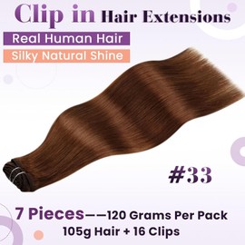 LaaVoo Extensions Clip in Echthaar Rotbraun Haarverlängerung Clip in Echthaar Extensions Clip in Echthaar Auburn Braun Doppelt Tressen 60cm 7pcs/120g #33