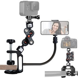 Etubby Camera Clamp Mount Phone Holder, Desktop/Pole Monitor Clamp Mount with 1/4"-20 & 3/8"-16 Thread & Dual Ballhead Magic Arm & Gooseneck Arm for DLSR Camera/Cellphone/Gopro/Webcam/LED Lights, Etc.