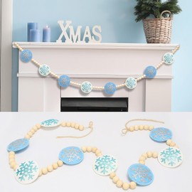 RGISHOP Felt Snowflake Garland 6.5FT Christmas Wood Bead Garland Winter Felt Snowflake Wood Bead Garland Christmas Decorations for Home Fireplace Wall Hanging Christmas Mantel Decor