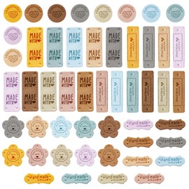 50 Pcs Handmade Labels, PU Leather Made with Love Labels Embossed Hand Made with Love Labels Sewing Hand Made Labels with Holes for Crochet, Knitting, DIY, Bags, Hats (5 Styles)